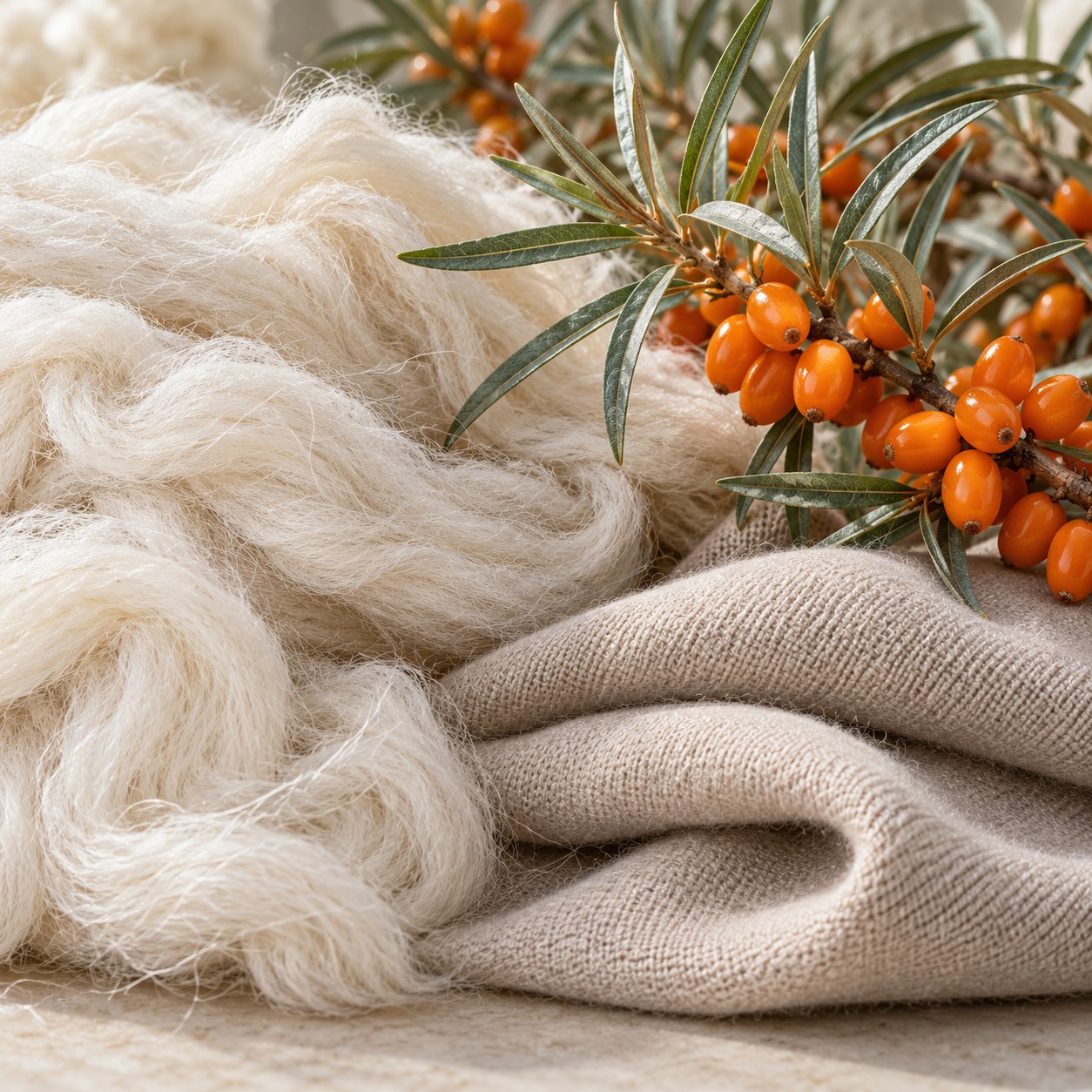 Composizione illustrativa di fibre di cashmere e bacche di olivello spinoso